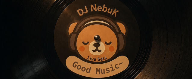 An AI generated image showing the DJ-NebuK-Bear on a vinyl cover behind a DJ table with turntables and mixer right below a window overlooking a evening-sky city