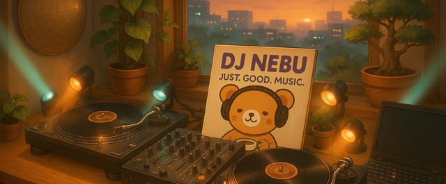 An AI generated image showing the DJ-NebuK-Bear on a vinyl cover behind a DJ table with turntables and mixer right below a window overlooking a evening-sky city